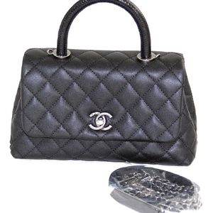 CHANEL Black Caviar Quilted Coco Lizard Top Handle